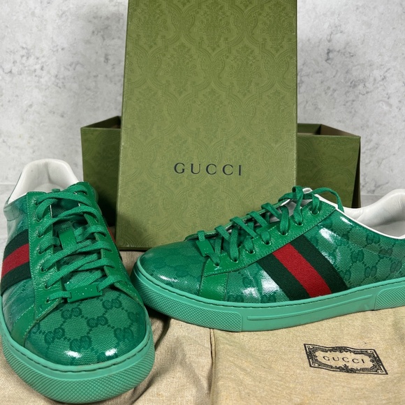 Gucci ACE GG Green Crystal coated canvas trainers. - Picture 1 of 15